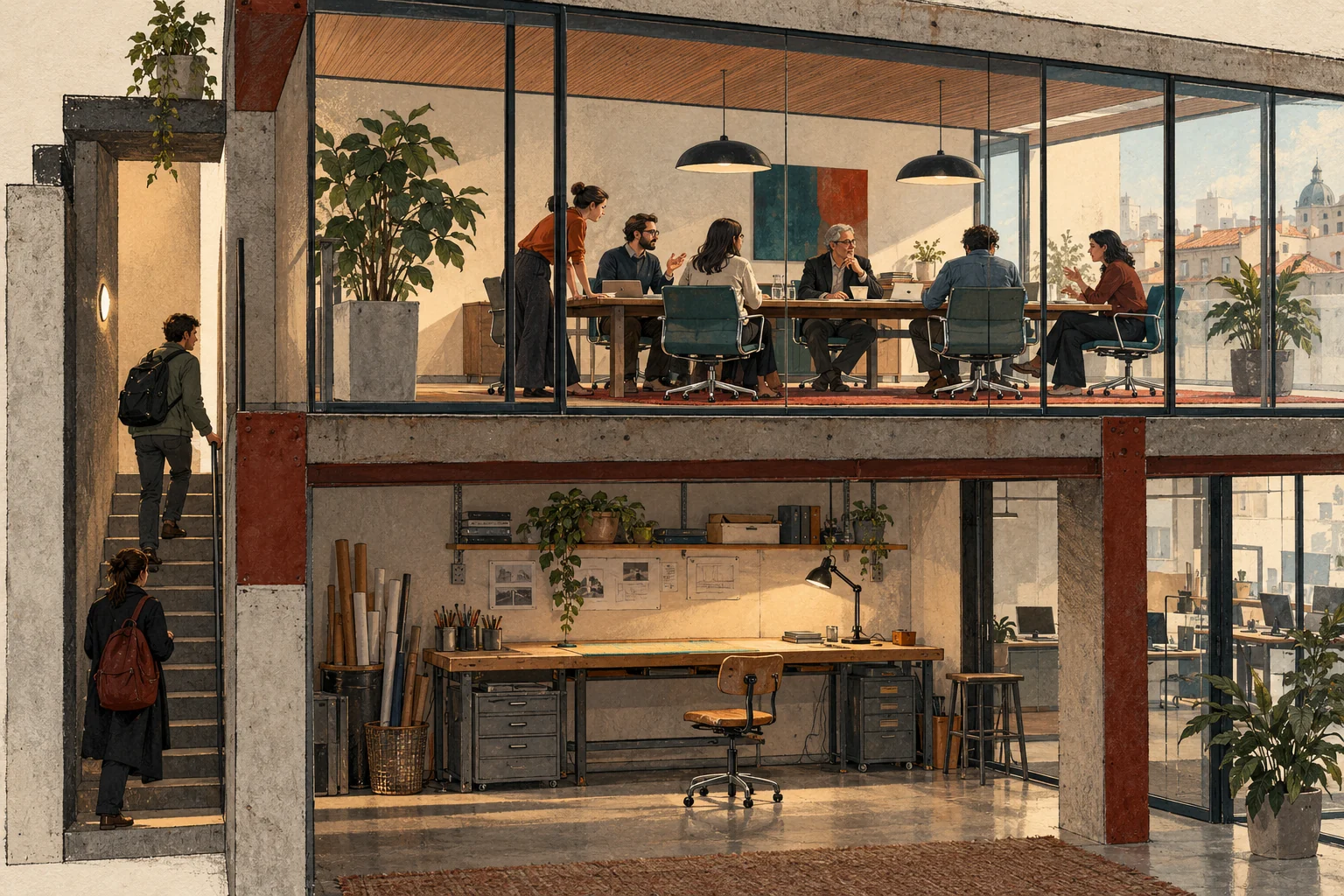 Oficina ficticia con una mesa de aprendizaje vacía y personas subiendo una escalera.