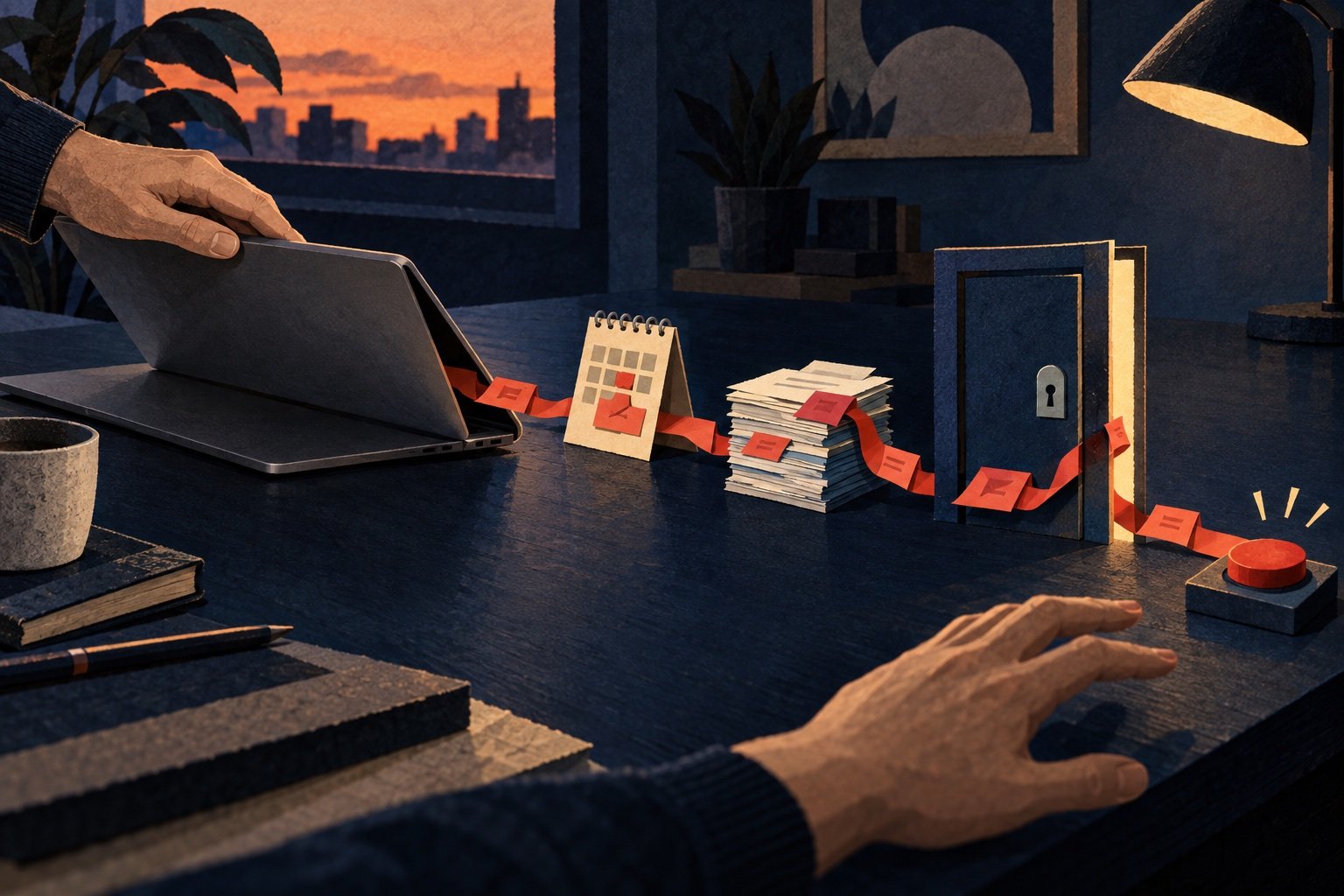 Editorial illustration of a desk with a laptop and a red ribbon of tasks.