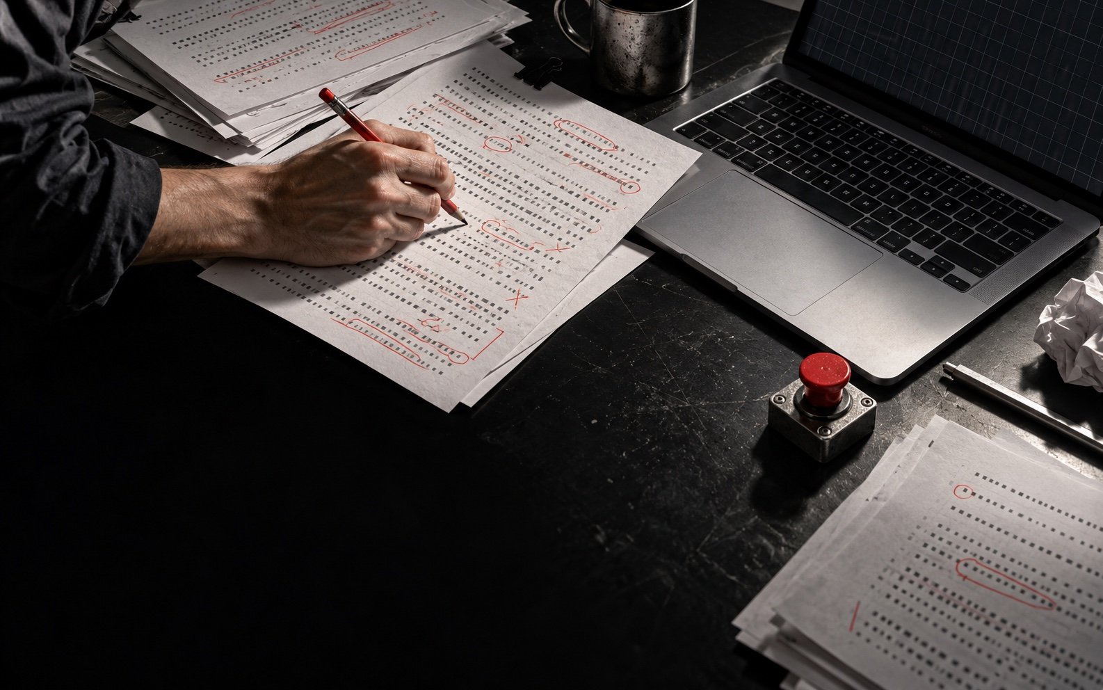 Una mano revisa documentos marcados en rojo junto a un portátil y un botón de detención. Imagen editorial de SmartAGI.