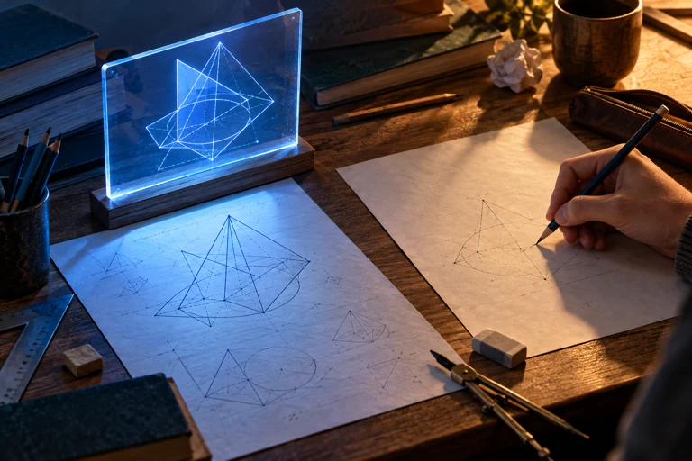 Una hoja recibe el apoyo de un panel luminoso; junto a ella, una mano intenta un dibujo geométrico sin esa iluminación.