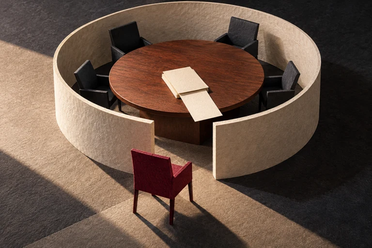 Una mesa circular y cuatro sillas están dentro de un recinto; una quinta silla roja queda fuera.