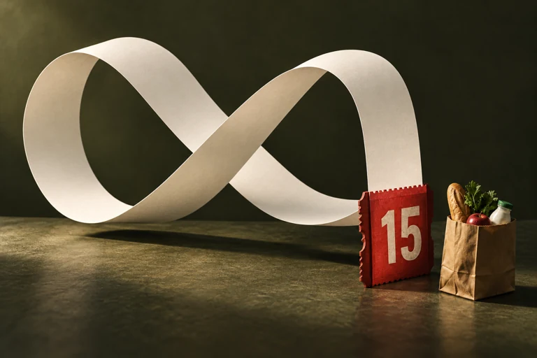 Una cinta de papel forma un infinito y termina junto a un ticket rojo con el número 15; una bolsa queda al otro lado.