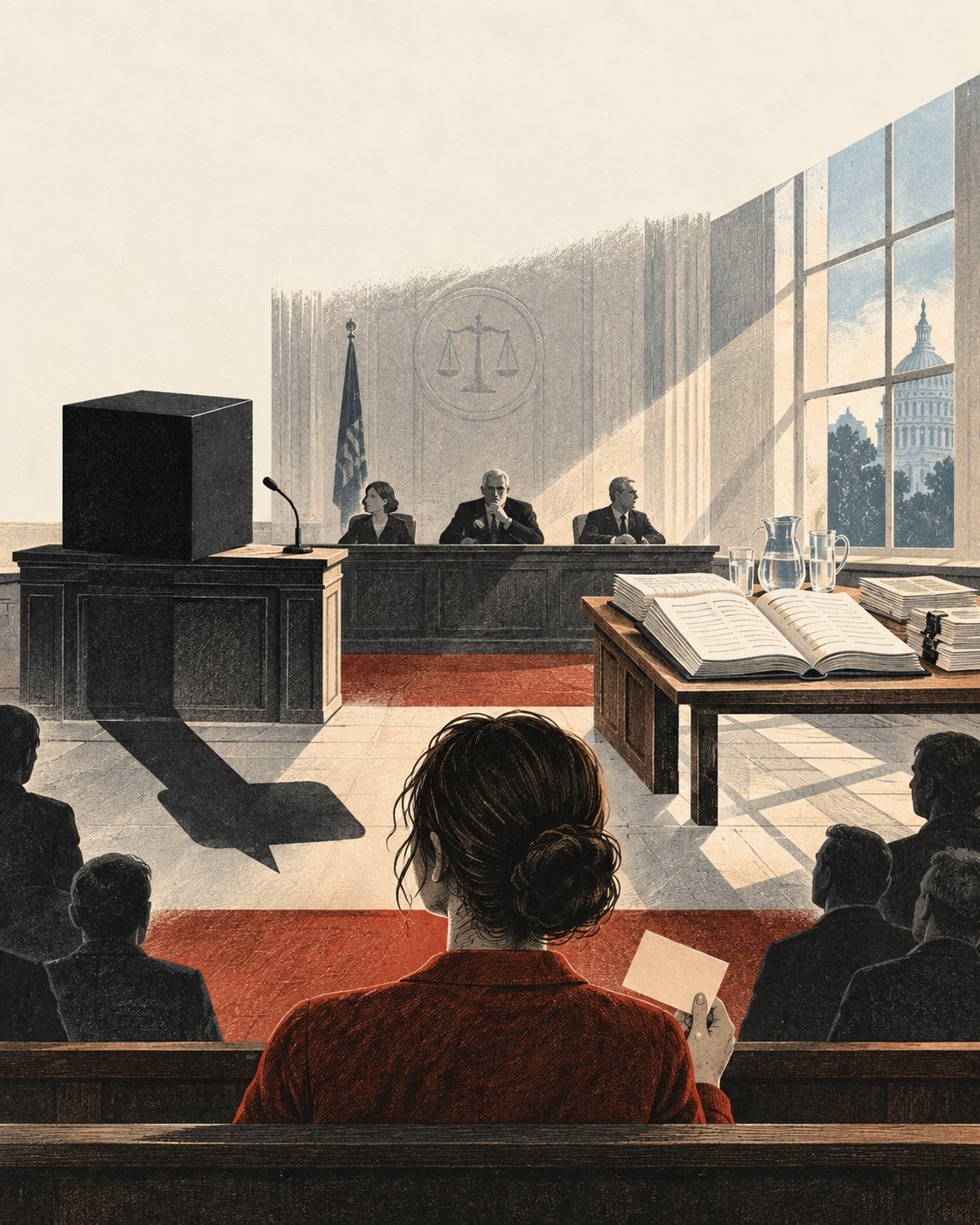 Una caja cerrada proyecta una sombra ante una audiencia pública; las pruebas y el registro quedan abiertos a la luz.
