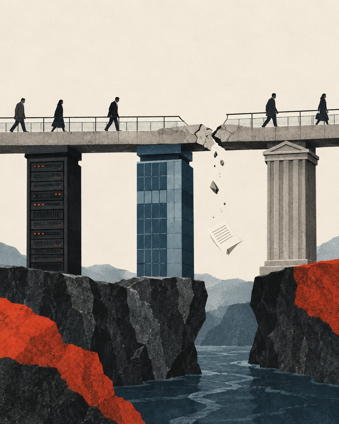 Un puente roto separa un servidor, una institución y un pilar público; una reclamación cae por la grieta.